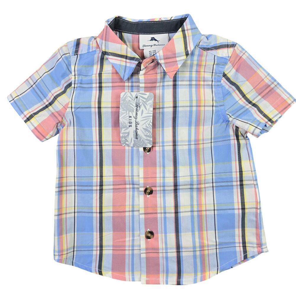 Tommy Bahama Plaid Button Shirt Toddler Size 12M Blue Pink Short Sleeve New